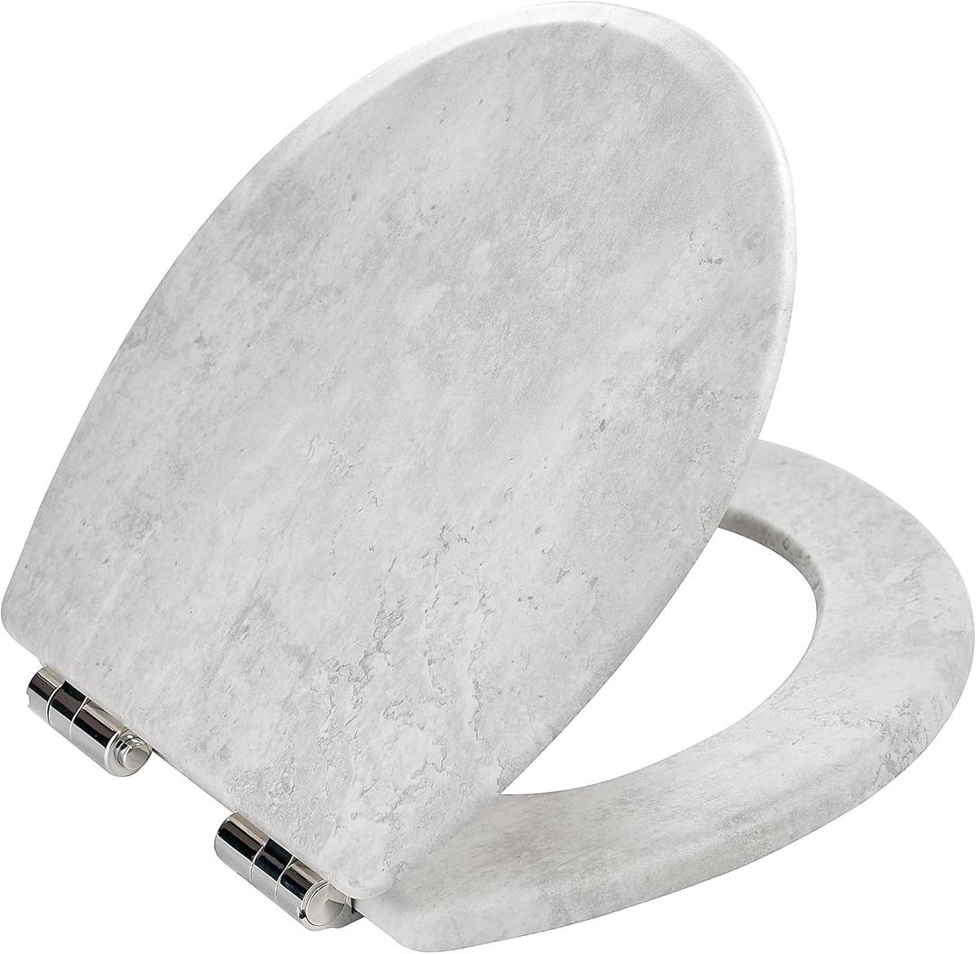 Toilet Seat, Slow Close, Premium Moulded Wood, Quick Release, Marble Gray, PIKLiDS, Laminated Woodgrain Finish (Round)