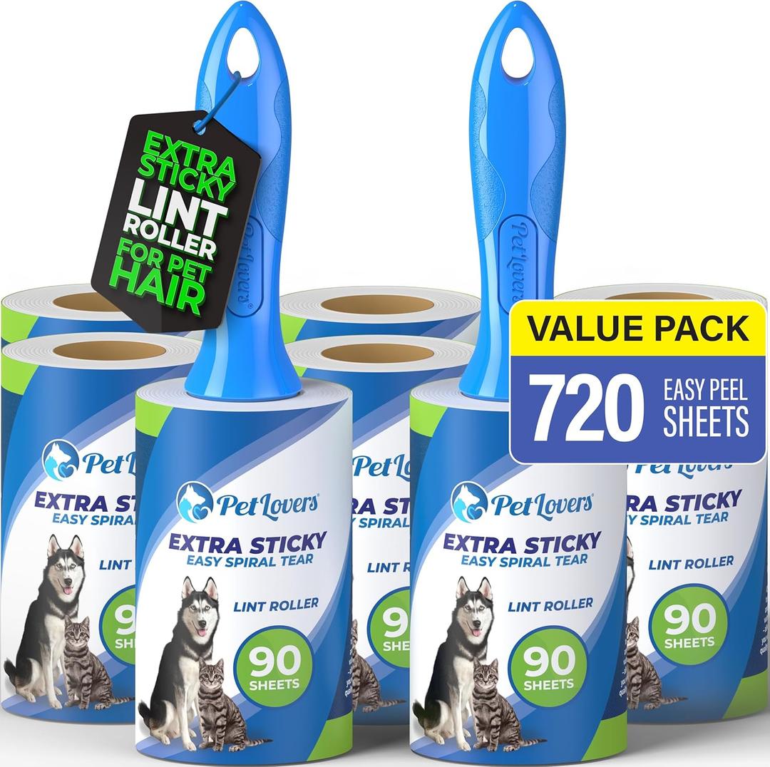 PetLovers Extra Sticky Lint Roller Mega Value Set 720 Sheets for Pet Hair Removal and Clothes, Dog and Cat Lint Remover 8 Pack.