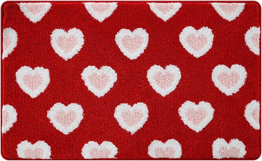 Alwoligag Valentine's Day Heart Bath Mat，Red and White Heart Shaped Bathroom Rug，Non-Slip Absorbent Soft Bath Mat for Valentine's Decor，Washable，20x32 Inches