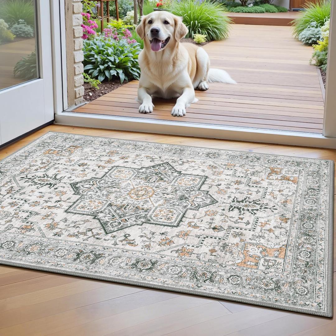 Lessymo Washable 23 Small Area Rugs for Entryway Bathroom, Soft Kitchen Rug Non-Slip Carpet Indoor Door Mat for Floor, Vintage Boho Low Pile Rugs for Entry Bedroom Nursery Home, Grey/Brown