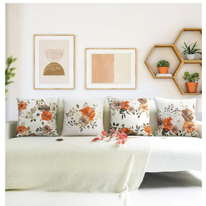 Merrycolor Farmhouse Flower Decorative Throw Pillow Covers 18X18 Inch Set of 4 Autumn Orange Fall Floral Leaves Pillow Covers Linen Cushion Case Fall Decor for Home Sofa Bed