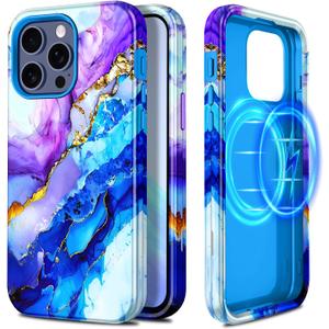 Casetego for iPhone 15 Pro Max Case,Compatible with MagSafe,[Military Grade Drop Test] Full Body Protection Slim Shockproof Rugged Marble Women Girls Case for iPhone 15 Pro Max 6.7 inch,Azure Blue