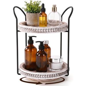 Qunclay 360 Rotating 2 Tier Wooden Tray Organizer Rustic Farmhouse Vanity Storage Large Capacity Round Organizer with Iron Frame for Cosmetics Perfume Skincare Kitchen Counter Bathroom Coffee Station