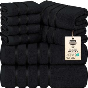 Utopia Towels 8 Piece Luxury Towel Set, 2 Bath, 2 Hand, and 4 Wash Cloths, 600 GSM Ring Spun Cotton, Highly Absorbent Viscose Stripe Towels, Ideal for Everyday use, Black