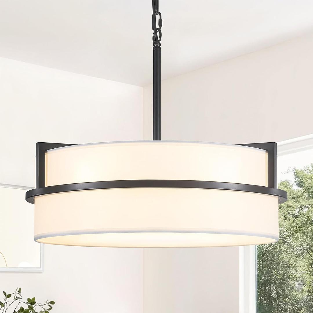 19.7" Black Drum Chandelier,5-Lights Large Drum Pendant Light with White Linen Shade Round Modern Chandeliers for Dining Room Bedroom Kitchen Island Over Table Hanging Ceiling Light Fixtures