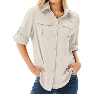 Women's UPF 50 Long Sleeve Sun Protection Shirts Safari Fishing Hiking (L)