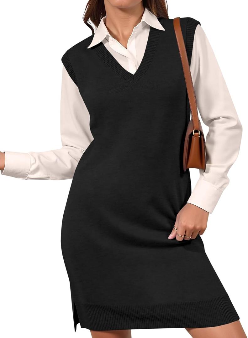 Wenrine Womens Sleeveless Sweater Vest Dress Casual Chunky Knit V Neck Loose Slit Fall Tank Midi Dresses