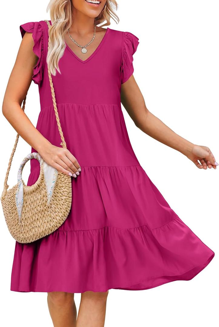 Caracilia Womens Summer Ruffle Sleeve V Neck Midi Dress Flowy Boho Casual A-Line Tiered Knee Length Beach Vacation Sundress Rose, XX-Large