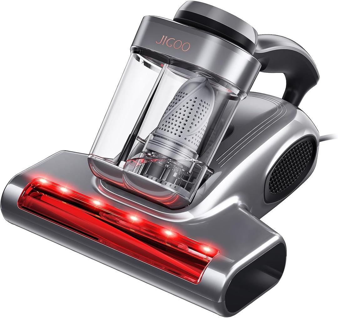 JIGOO J300 Pro Matture Vacuum Cleaner with 14Kpa 550W Powerful Suction, Infrared, UV & Heating Tech for Deep Cleaning, Anti-Allergen Bed Vacuum with Dust Sensor & Plant Fragrance for Bed, Sofa, Crib (Silver)