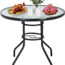 Outdoor Table Patio Table Dining Table with Tempered Glass Umbrella Hole for Lawn Balcony, Yard (Round)