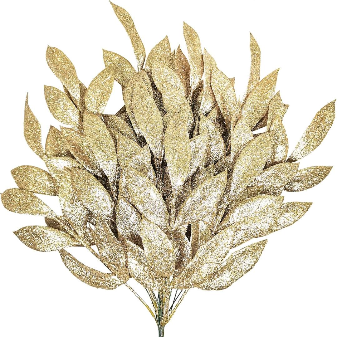 Winlyn 20 Pcs Christmas Artificial Leaf Sprays Champagne Glittered Bay Leaf Picks 12" Tall Christmas Tree Picks Decorations for Champagne Christmas Tree Wreath Centerpieces Seasonal Floral Arrangement