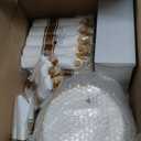 Hioasis 350pcs Ivory Gold Plastic Plates - Gold Plastic Dinnerware Set Includes 50 Dinner Plates, 50 Dessert Dinnerware, 50 Cups, 50 Napkins Perfect for Wedding & Party