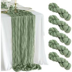 5 Pack Sage Green Table Runner 10ft Boho Gauze Fabric Cheesecloth Table Runner 35 x 120 Inch Rustic Sheer Runner for Wedding Centerpiece Decor Baby Shower Party Table Decorations