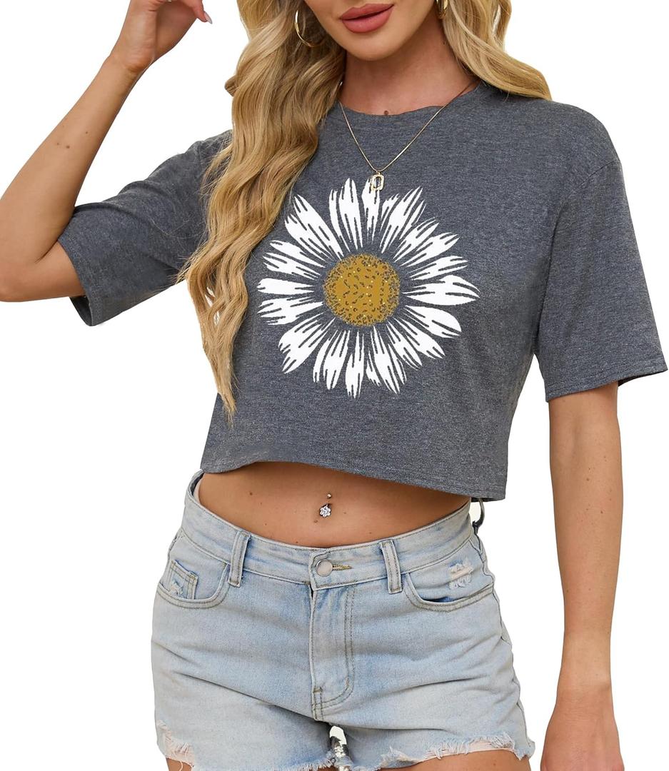 Womens Crop Tops Cute USA Graphic Tees Casual Rock Band Cropped T-Shirts Summer Beach Clothes Teen Girls (Gray2, M)