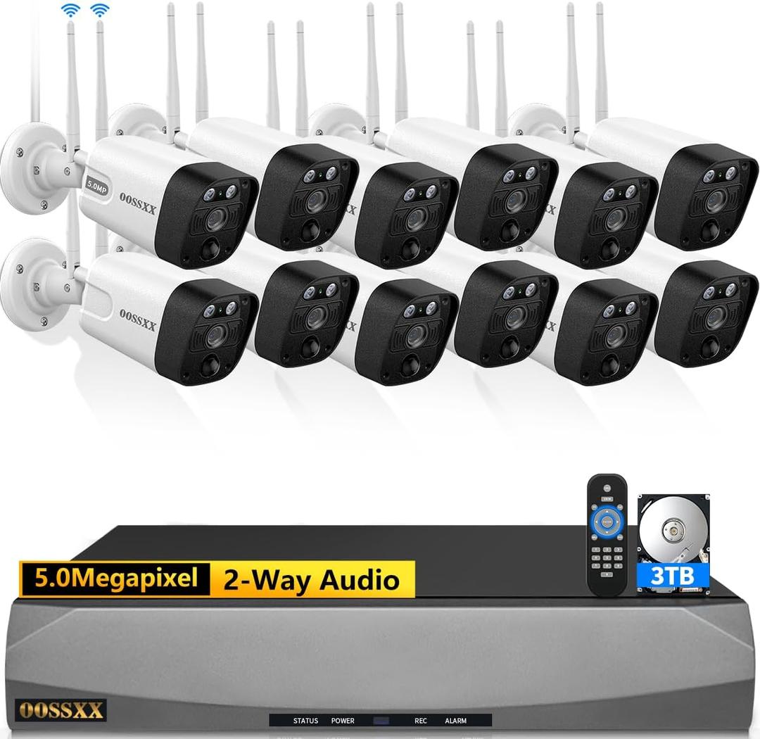 5.5MP & 2-Way Audio Dual Antennas Security Wireless Camera System 3K 5.0MP 1944P Wireless Surveillance Monitor DVR Kits with 3TB Hard Drive,12Pcs Outdoor WiFi Security Cameras PIR Detection