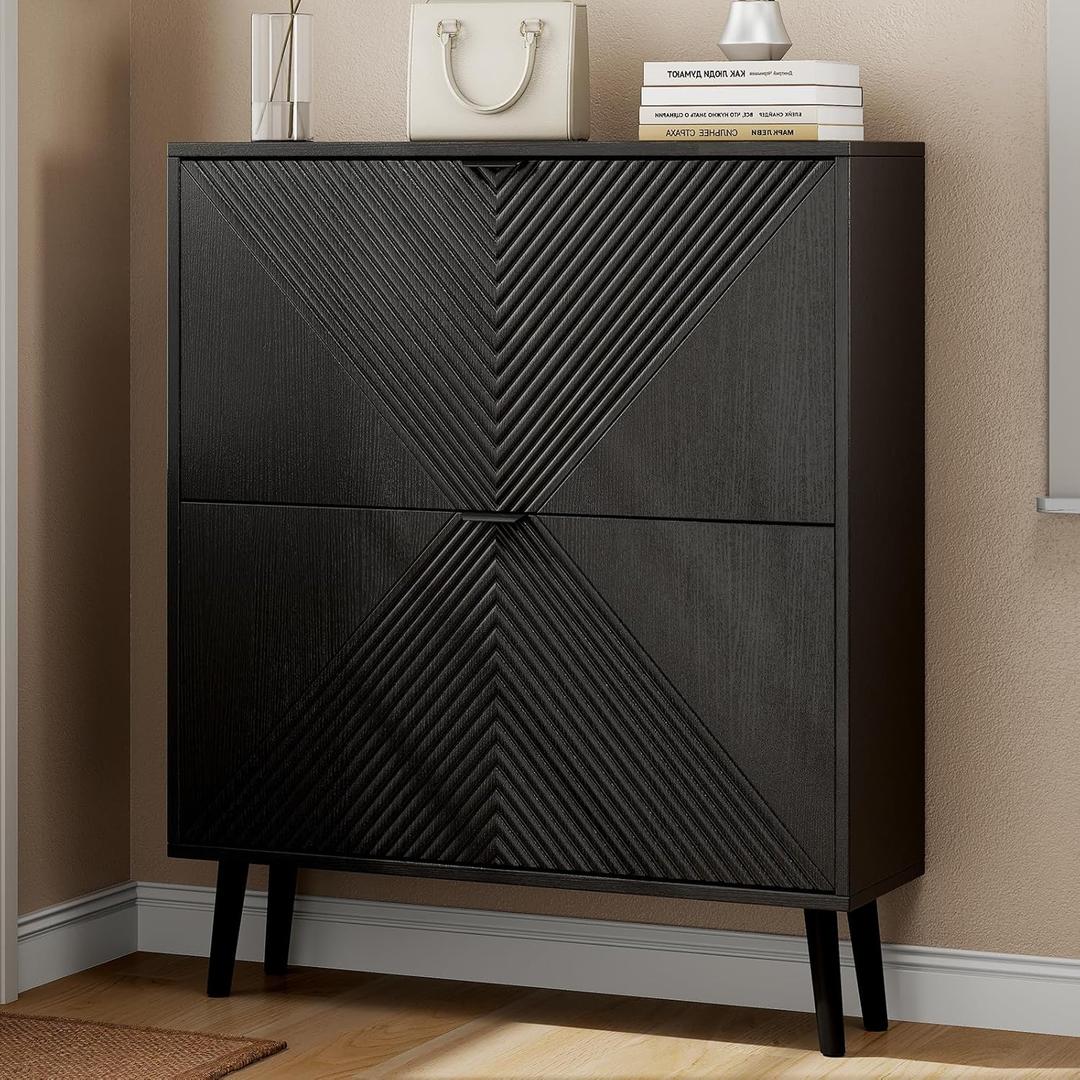 Oakvivo Shoe Cabinet Storage, Farmhouse Freestanding Organizer with 2 Flip Drawers and 4 Wooden feet, Narrow Shoe Rack Cabinet for Entryway, Foyer, Hallway, Black