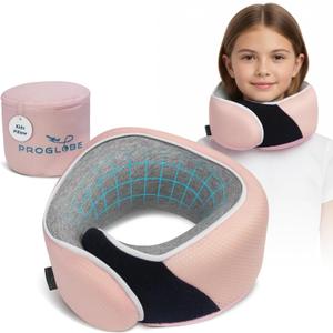 Proglobe Junior Kids Travel Neck Pillow - Ergonomic Memory Foam Pillow for Airplane, Car, Booster Seat - Soft, Washable, Compact Travel Pillow with Strap - Light Pink - Ages 4-13