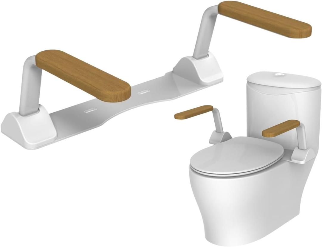 Toilet Safety Rails for Seniors Elderly Sturdy Grab Bar Frame 520LBS Flip Up Non-Slip Wooden Armrest, Rust-Resistant, Easy Install, Foldable Suitable for Bathroom