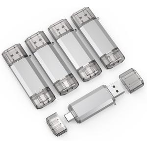 RAOYI 5 Pack 64GB USB C Flash Drive, 2 in 1 USB 3.0 Type C Dual OTG Metal Thumb Drive Jump Drive Memory Stick with Keychain Suitable for USB-C Smartphones, MacBook, Computers and Tablets (Silver)