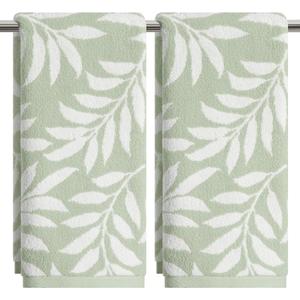 Artoid Mode 2 Pcs Beige Green Leaves Jacquard Hand Towels for Bathroom, 100% Cotton Soft Absorbent Bathroom Decor Towels, 13.7 x 29.5 Inch