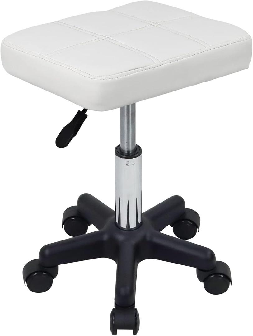 FURWOO Rectangle Rolling Stool with Wheels Height Adjustable Swivel Stool Chair for Spa Salon Massage White