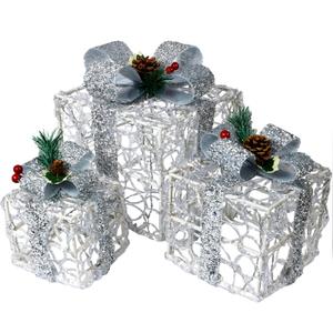 Festive Set of 3 LED Light Up Christmas Boxes, Battery Operated, Timer, 8 Patterns, 60 LEDs - Indoor/Outdoor Décor