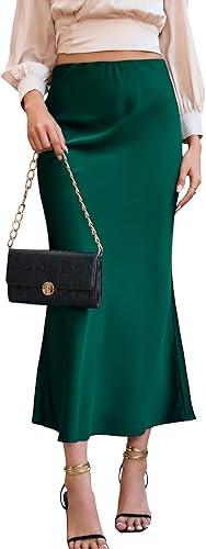 Women's Satin Elegant Fishtail Midi Skirts Silk Elastic High Waisted for Party Wedding Cocktail Large