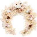 Ling's Moment Flower Garland - 6FT Eucalyptus & Rose - Sweetheart Table Decor for Wedding Reception, Artificial Floral Garland for Mantle, Thanksgiving, Christmas Decoration, White & Beige