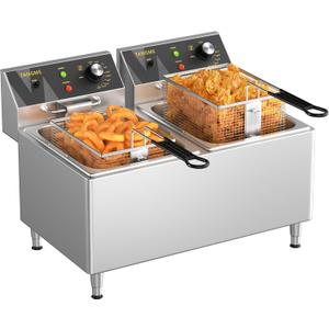 Commercial Deep Fryer 3500W Electric Countertop Fryer 25.4Qt Heavy Duty Large Stainless Steel Deep Fryers with Double Baskets, Lid and High Legs for Restaurant, UL Certified