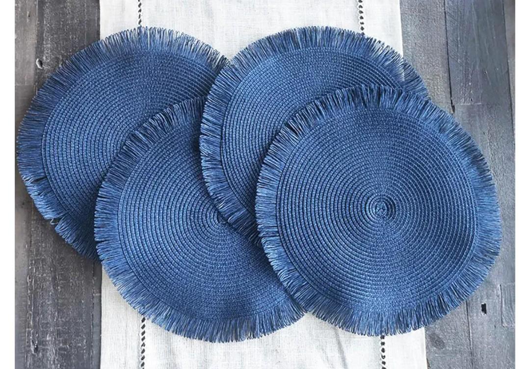 Fennco Styles Handwoven Fringe Boho Placemats 15" Round, Set of 4 - Navy Blue Braided Texture Table Mats for Home, Dining Room, Banquets, Family Gathering and Special Occasion