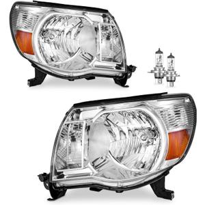 Headlights Assembly Compatible with 2005-2011 Toyota Tacoma Headlamp Replacement Chrome Housing Amber Reflector Driver & Passenger Side (Polished Chrome | With High & Low Beam Bulbs)