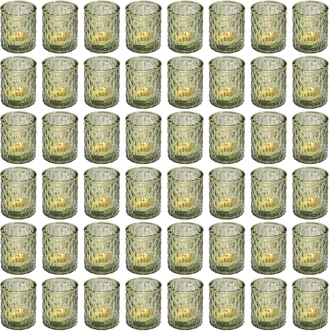 Maxdot 48 Pack Green Glass Votive Candle Holders 2.1 x 2.6 Inch St. Patrick's Day Tea Light Candleholder Bulk Xmas Glass Tealight Candlestick Holders for Table Centerpiece Home Wedding Party Decor