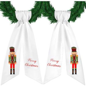2 Pcs Christmas Nutcracker Wreath Sash for Front Door Xmas Satin Sash for Wreath Embroidery Monogram Accessories Party Yard Doorway Indoor Outdoor Wall(White, Nutcracker)