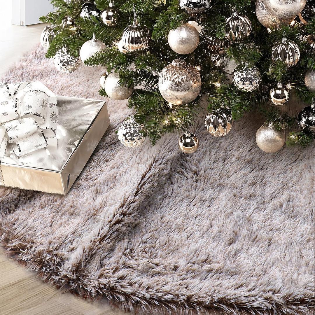 GMOEGEFT Christmas Tree Skirt 48 Inches Brown Plush Faux Fur for Slim Pencil Tree Xmas Holiday Decorations Ornaments
