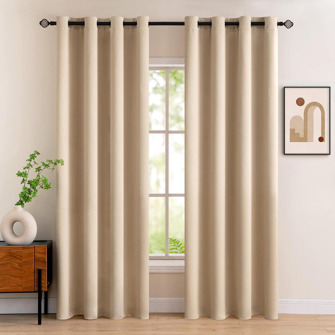 Room Darkening Curtains Thermal Insulated Drapes Solid Window Treatment Set Grommet Top Light Blocking Blackout Curtain for Living Room/Bedroom 2 Panels 52 x 80 inch Beige