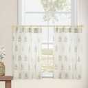 Boho Floral Linen Small Window Curtain for Kitchen Bathroom,Pinch Pleat Cafe Curtain 24x18 Inch Length Light Brown
