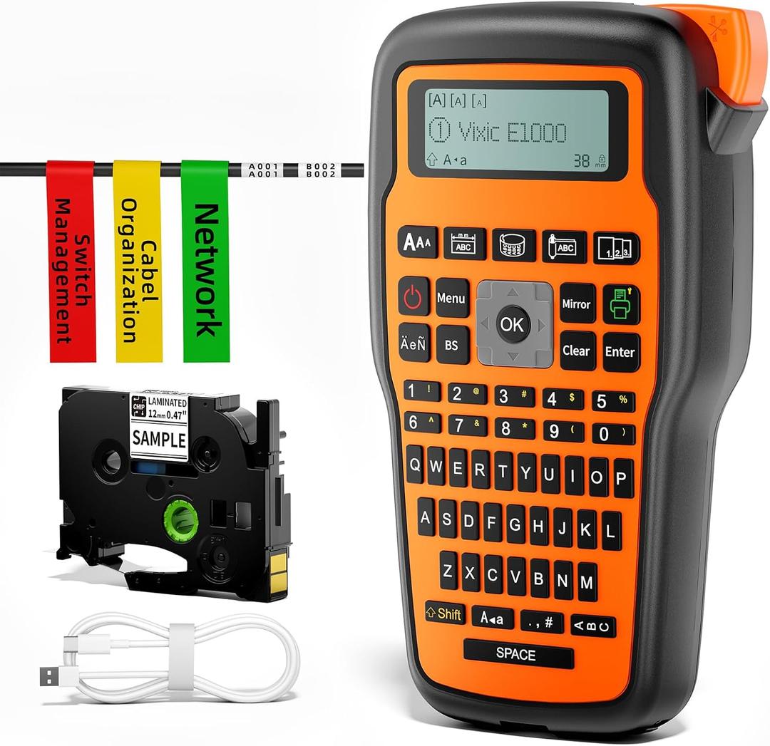 Vixic Industrial Label Maker, Heat Shrink-Labels Maker Waterproof-Labels for Cable Wire Network Office Labeling, E1000 Label Maker Machine with-Tape Electrician Label Makers Handheld Label Machine