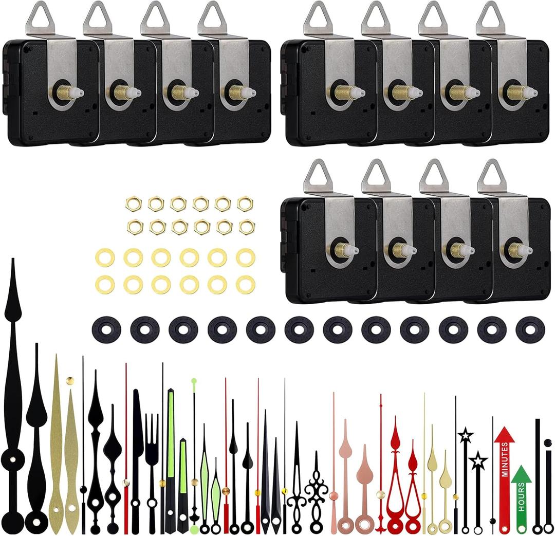 EMOON 12 PCS High Torque Clock Movement Mechanism Replacement Kit with 15 Pack Clock Hands for DIY Clock Repair Silent Clock Motor Parts, Total Shaft Length 16mm,20mm and 23mm