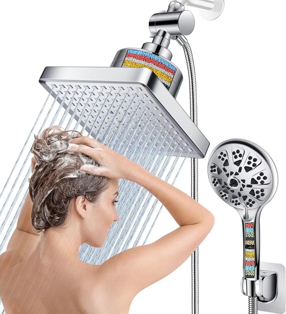 Dual Filtered Rain Shower Head Combo, High Pressure 10 Modes Handheld Shower Head Built in Water Filtration, 6 inch Rainfall Shower Head with Filter for Hard Water (Chrome)