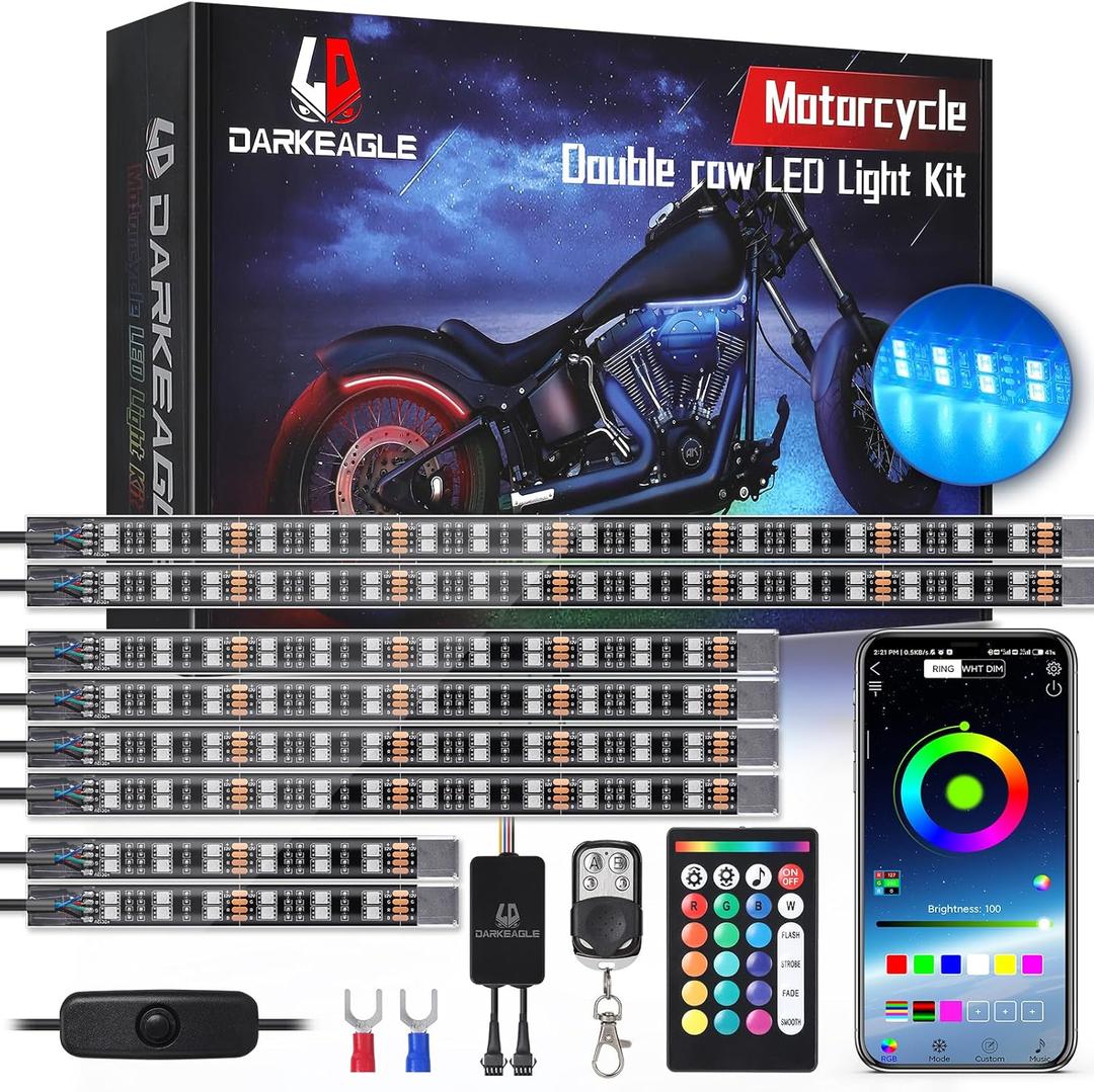 8PCS Double Row Motorcycle RGB LED Light Kits with Brake Turn Signal Light, Super bright Underglow Light with APP/RF Remote, Neon Strips Waterproof 12V for Sport Bike, Cruiser,Street & Dirt Motorcycle