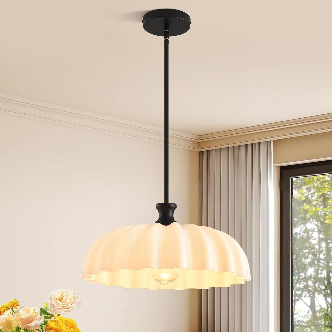 15.74in Milk Glass Pendant Lights, Large Floral Semi-Flush Mounted Ceiling Light, Black Mid Century Modern Chandelier Vintage Hanging Lamp for Kitchen Island Dining Room Entryway, 1 Pack
