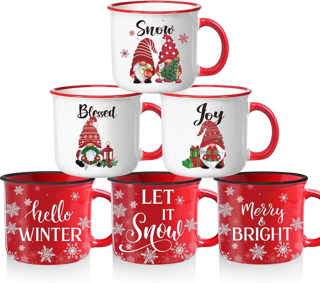 Pickmesh 6 Pcs Christmas Coffee Mug Set 13OZ Xmas Ceramic Mugs with Handle Red and White Gnomes Mugs Hello Winter Cups Bulk Merry Christmas Gifts Let It Snow Home Holiday Party Decor Supplies