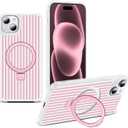 Compatible with Striped iPhone 15 Case with Stand,6.1" T-Pink