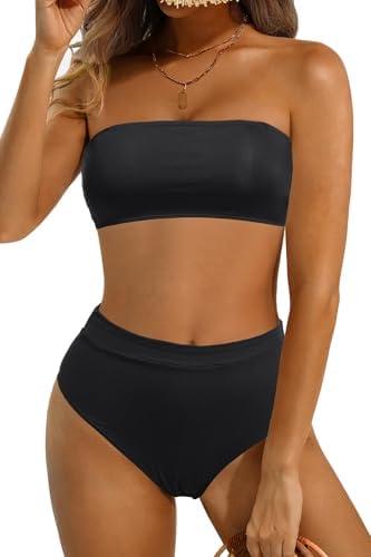 Tempt Me Women Bandeau Bikini Set Strapless Two Piece Sexy Swimsuit High Waisted High Cut Bathing Suits Cheeky Swimwear, XXL