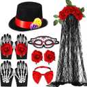 Tigeen 7 Pieces Halloween Day of the Dead Costume Accessories Set for Men and Women Skeleton Rose Couple Costume Skeleton Gloves Men's Hat Bow Tie Rose Floral Crown Veil Hair Clip