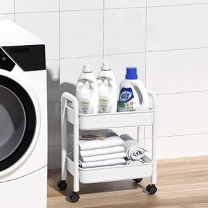 2-Tier Utility Rolling Cart Storage Organizer Sofa Side Table with Wheels, Under Desk Mobile Trolley Organizer with Handle for Office Home Kitchen Organization, White