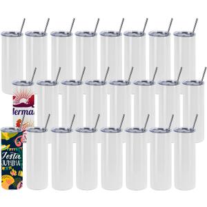24 Pack Sublimation Tumblers Bulk 20 oz Skinny Straight, Sublimation Blanks Double Wall Stainless Steel Skinny Tumbler with Lid and Straw, Shrink Wrap Film, Individually Boxed, for Heat Press Machine