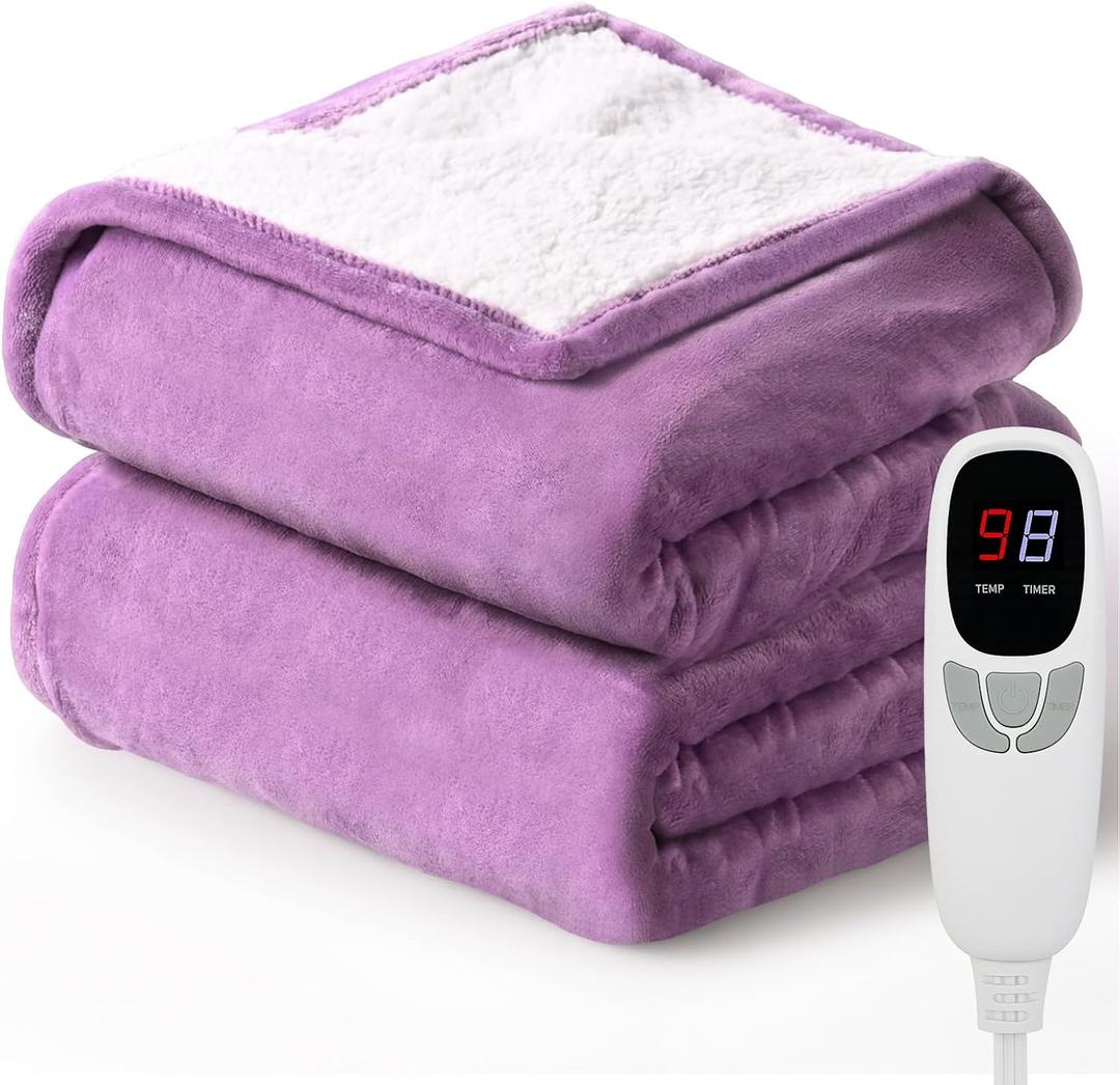 Heated Blanket Throw Electric Blanket 50''x60'' Heating Blanket with 9 Heating Levels 10 Timer Modes Auto-Off Fast Heating Overheat Protection ETL Certified Machine Washable Gift (Purple)