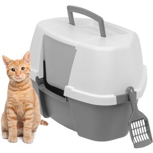 IRIS USA Corner Cat Litter Box Enclosure with Scoop, Small Cat Litter Box with Lid, Corner Litter Box Enclosure for Kittens to Medium Sized Cats, Odor Defensive Hooded Litter Tray, Dark Gray