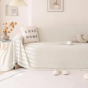 VClife Beige Couch Covers Boho Sofa Cover, Chenille Couch Covers for 2 Cushion Couch Sectional Sofa Cover for Loveseat, Washable Sofa Slipover Dog Cat Couch Cushion Cover with Tassel, 71"X118"